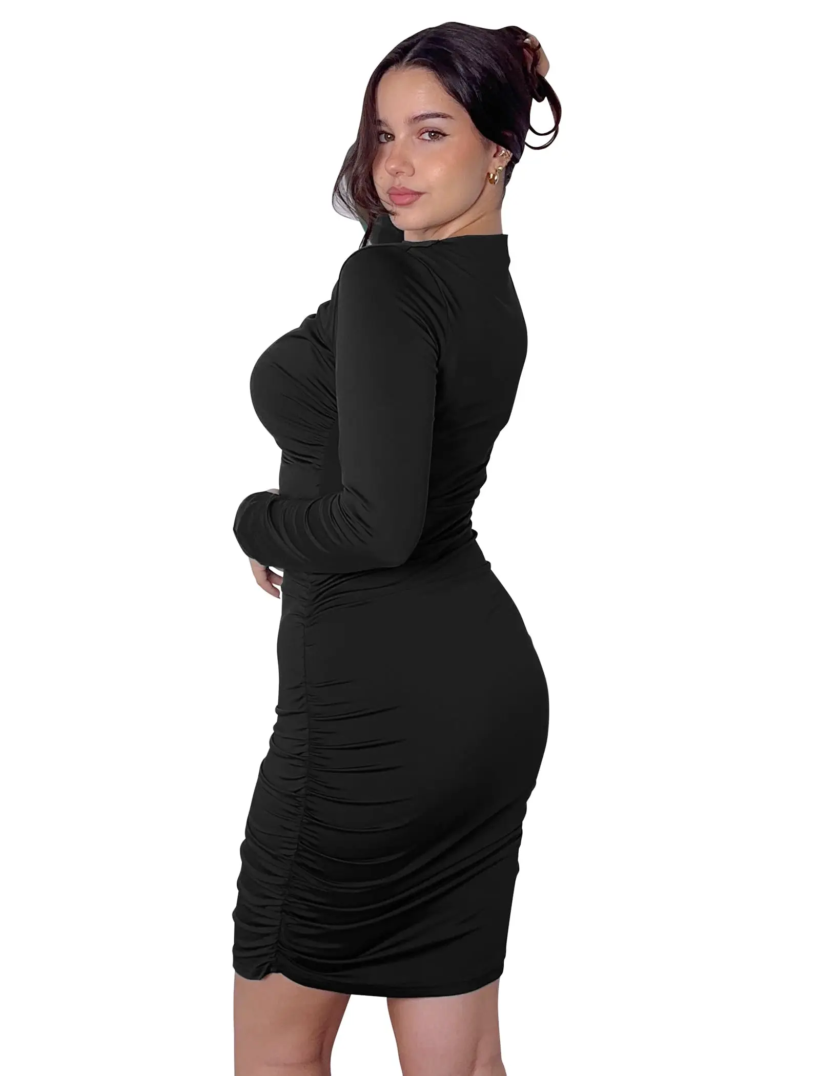 Womens Sexy Ruched Bodycon Mini Dress Long Sleeve Boat Neck Wedding Guest Club Party Dresses