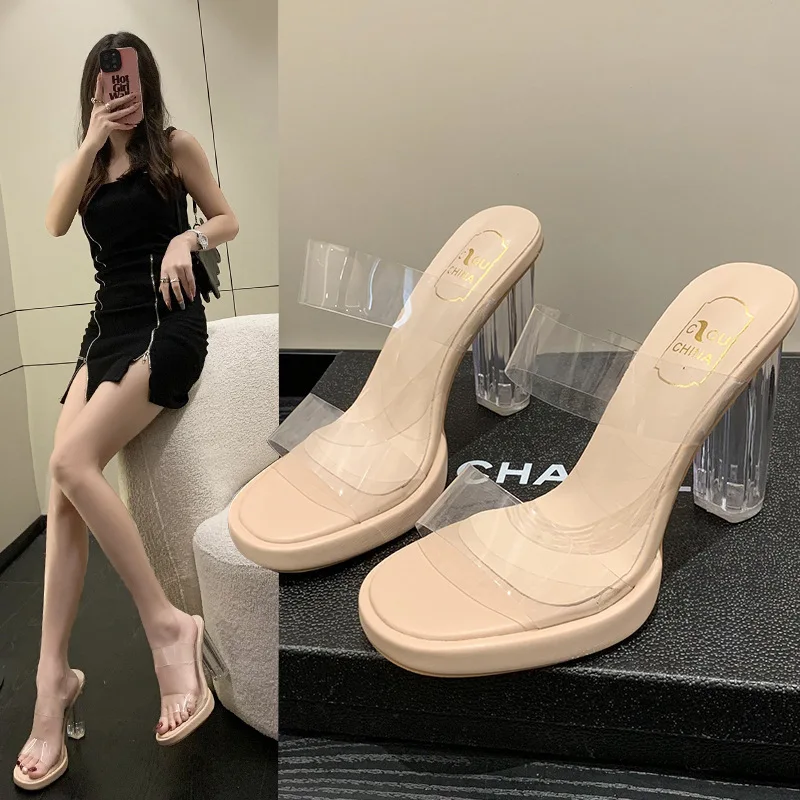 

High-heeled slippers women's 2024 summer new one-word strap outer wear fashion crystal heel