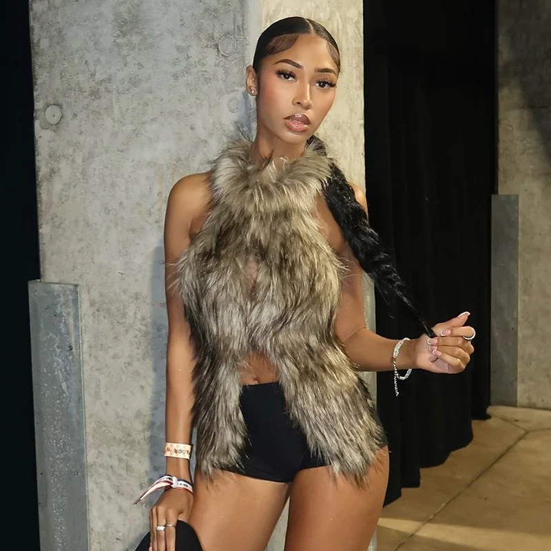 Doyerl Trendy Furry Vest for Woman Y2K Clothes Halter Lace-up Backless Sleeveless Nightclub Party Furs Hipster Clubwear Vest