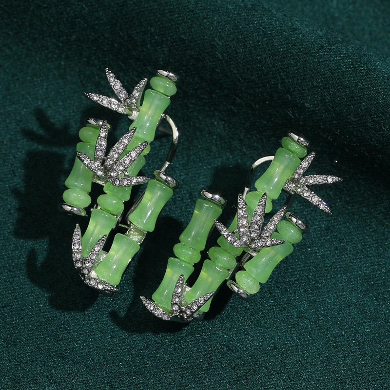 

Green Vintage Jade Bamboo Stud Earrings Antique Silver Color Natural Stone For Ladies Chinese Original Classic Designer 2026 New
