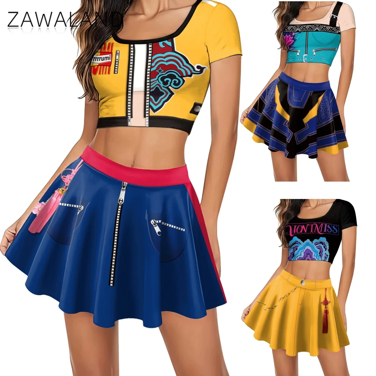 

Zoey Mira Rumi Cosplay Costume KPop Demon Hunters Huntrix Tee For Woman Anime Movie Dress Up Short Skirt Halloween Stage Outfits