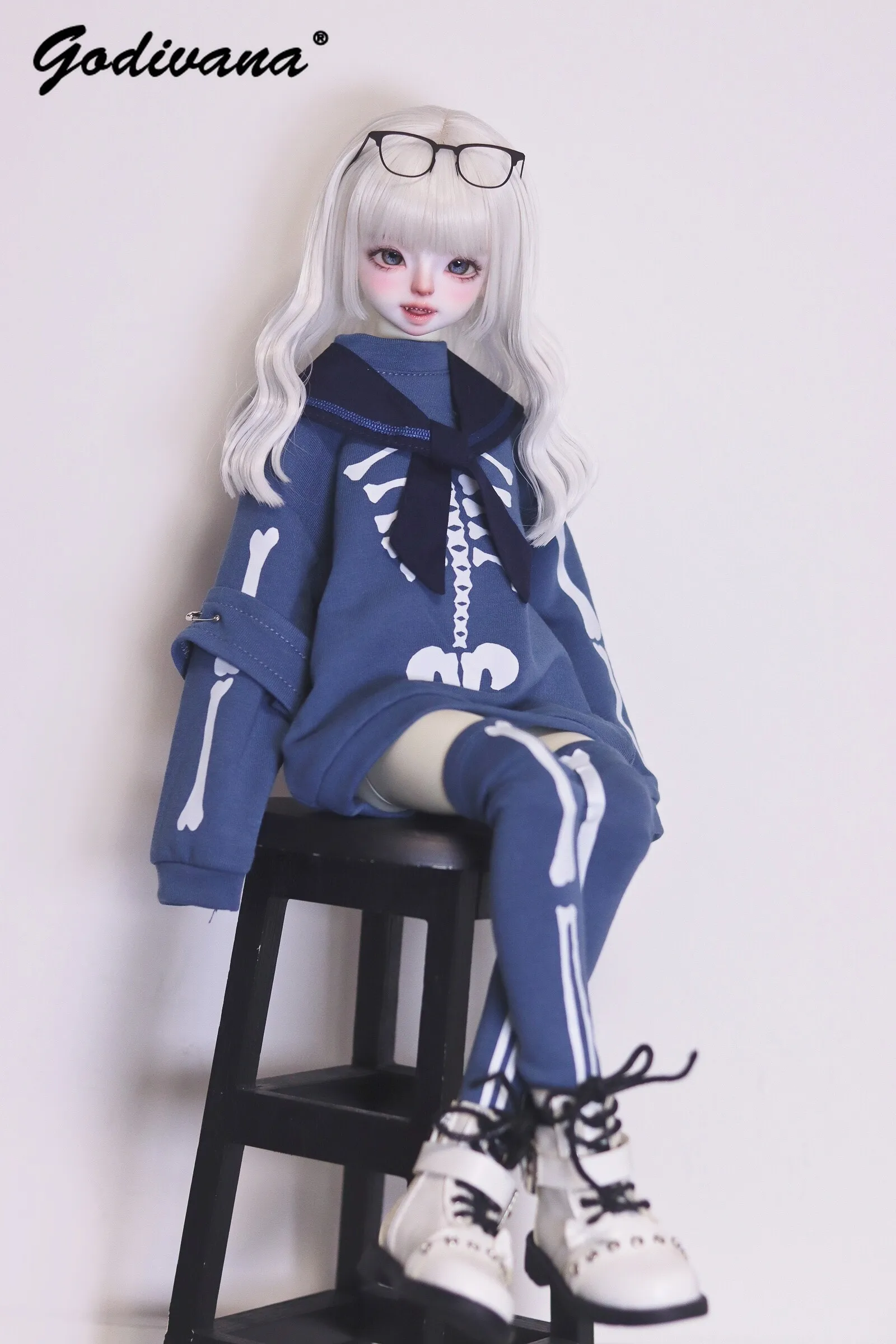 Gothic Punk Y2K 1/4 1/6 BJD Doll Outfit Sailor Collar Sweatshirt with Bone Print Skeleton Pattern Thigh High Socks Doll Costume