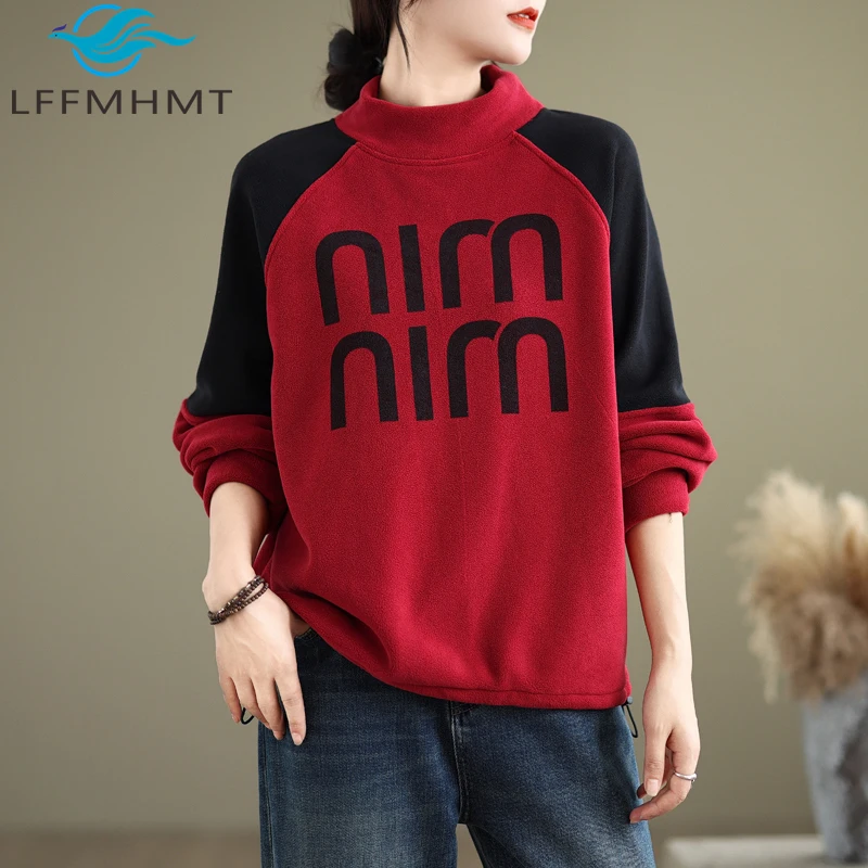 

Long Sleeve Letter Print Contrast Color Women's Fashion Sweatshirt Winter Trendy Thicken Fleece Female Half Turtleneck Pullovers