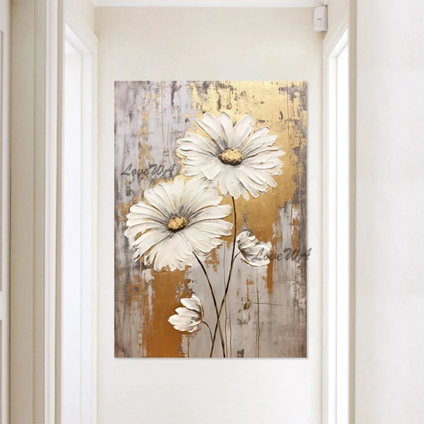 Handmade Canvas Artwork, Acrylic Flowers Oil Paintings, Frameless, Gold Foil Textured Design Art Picture, Abstract Floral Wall