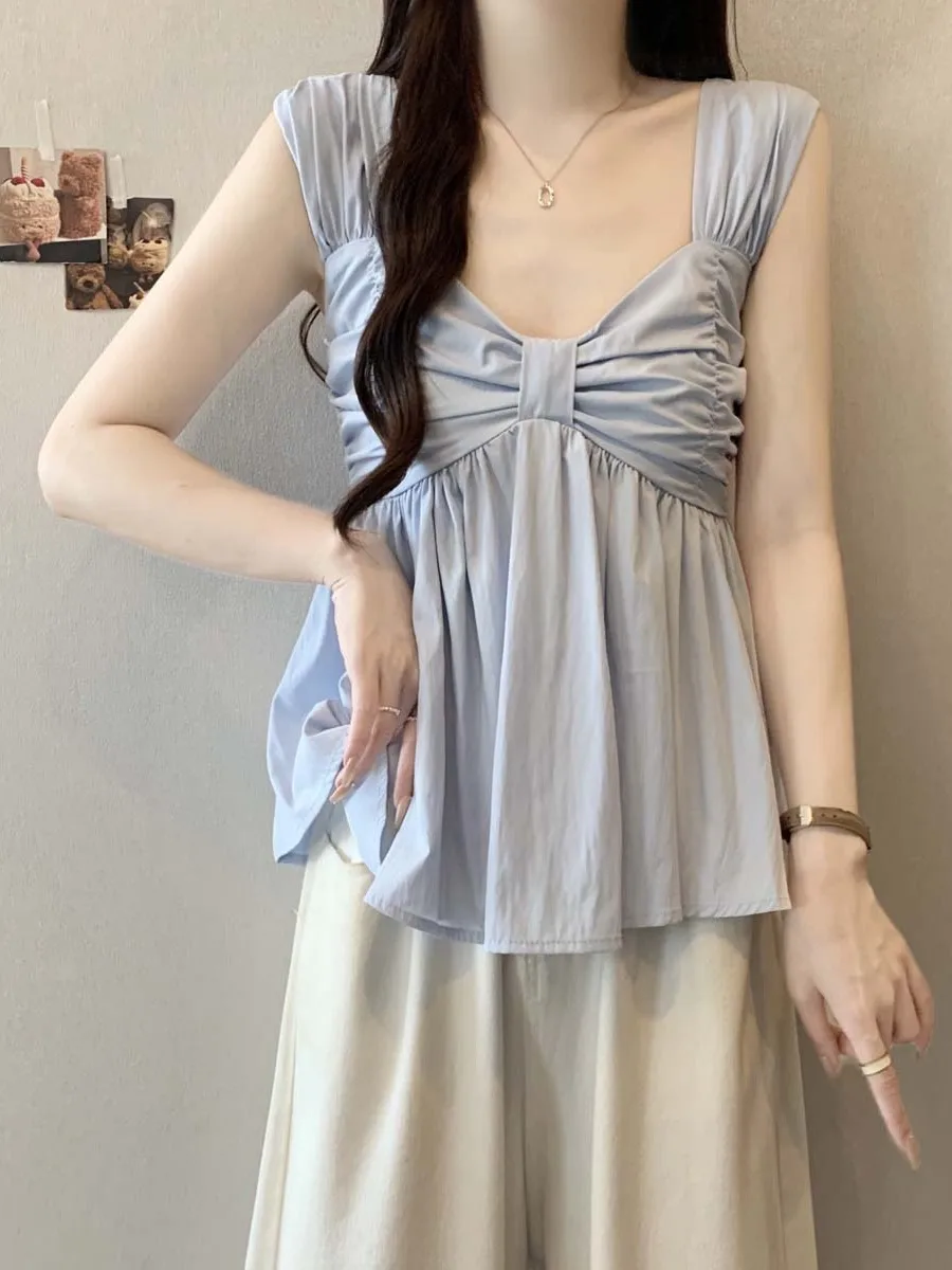 Gilet à bretelles à nœud bleu clair pour femmes, grande taille, gros MM, capable de l'âge, Svel, haut moelleux, vêtements d'extérieur, été