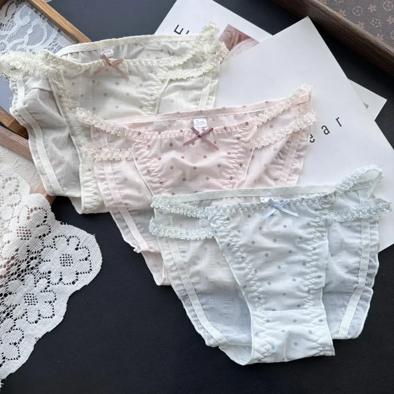 Dot Print Mesh Cute Underwear for Women Low Waist Thin Lace Cotton Crotch Seamless Panties Sweet Breathable Soft Briefs Lingerie