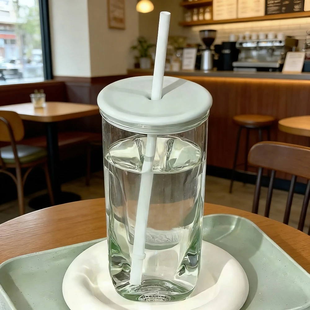 

Classic Style 473ml Triangular Glass Coffee Cup with Straw; High Quality, Cute, Office Cold Drinks