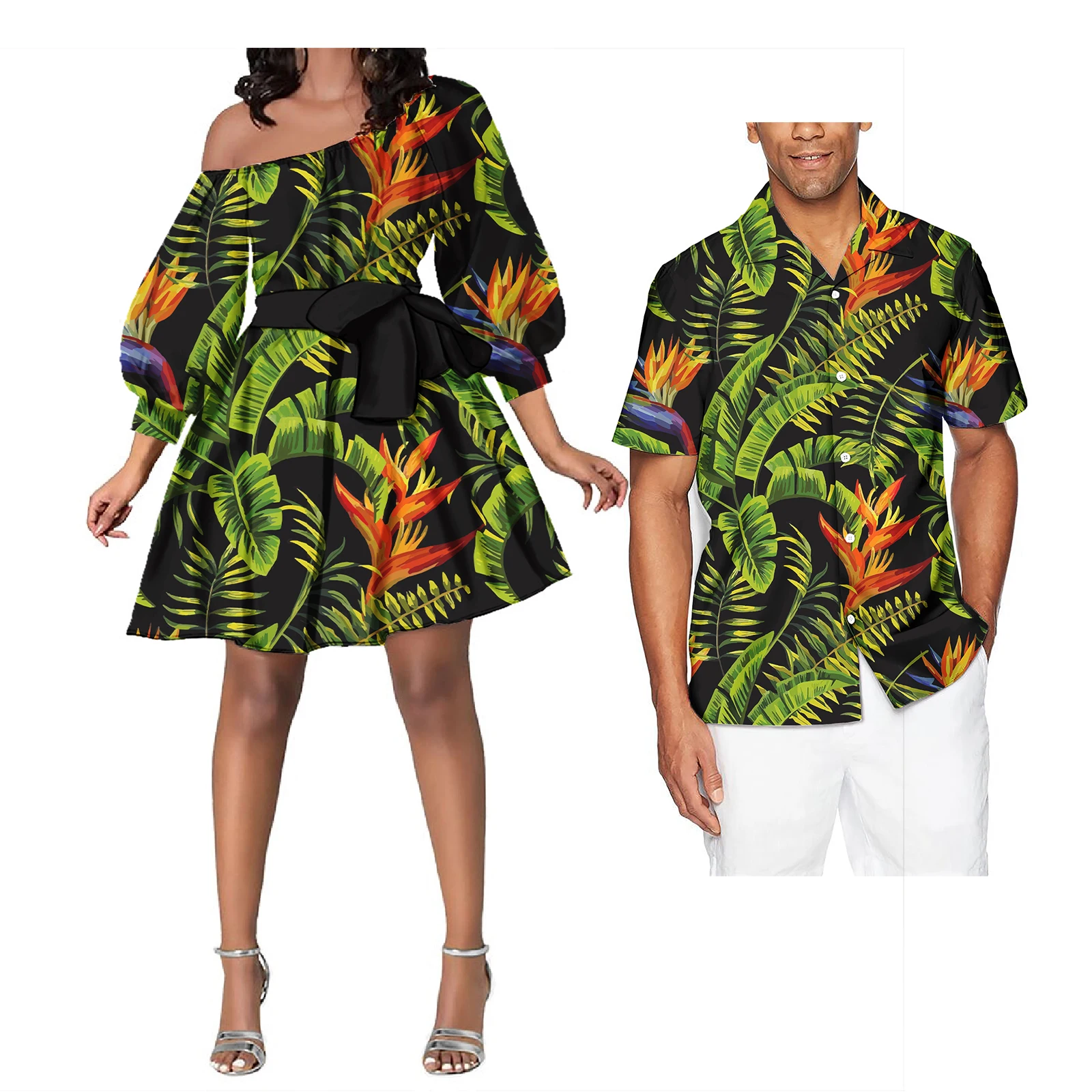 New Summer Polynesian Tribal Couple Clothes Custom Samoa Tapa Flower Printed Long Sleeve Midi Dress Match Plus Size Mens Shirt