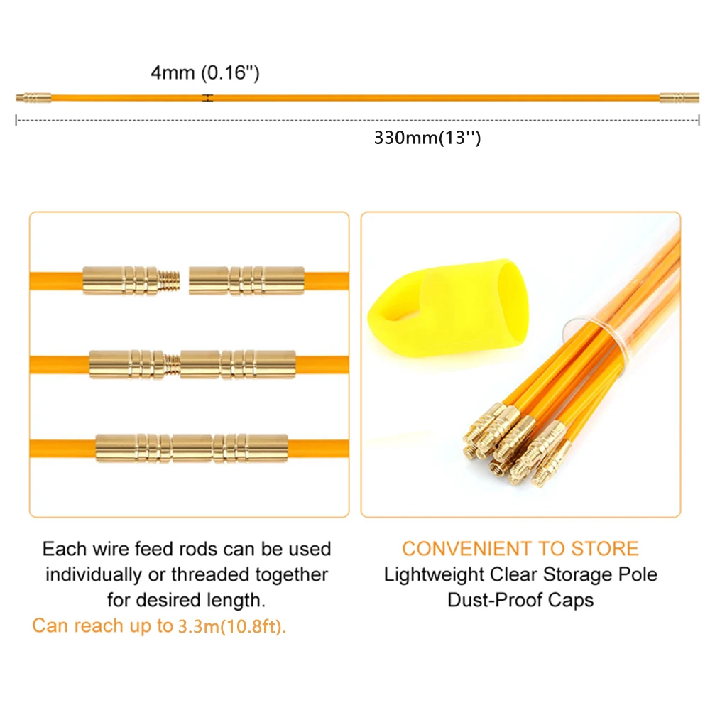 10Pcs 4mm 33CM Fiberglass Wire Cable Push Puller Running Rods Fish Pulling Kit Wall Electrical Wires With Hook Rods Tool