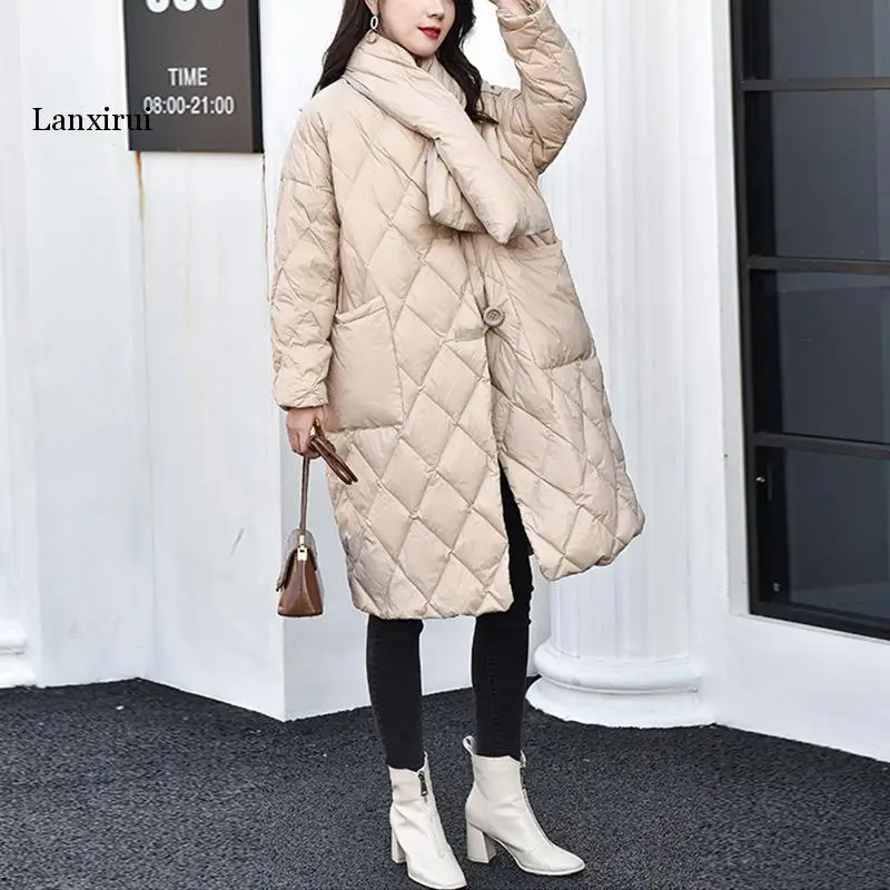 

Winter neck Matching Scarf Feather Long Jacket Women White Duck Down Coat Loose Thick Parke Snow Fluffy Warm Outwear