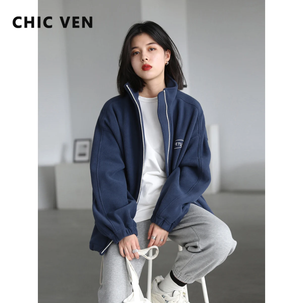 CHIC VEN Women‘s Sweatshirts Casual Loose Stand Collar Double Sided Jackets Fashion Warm Thick Fleece Coats Autumn Winter 2025