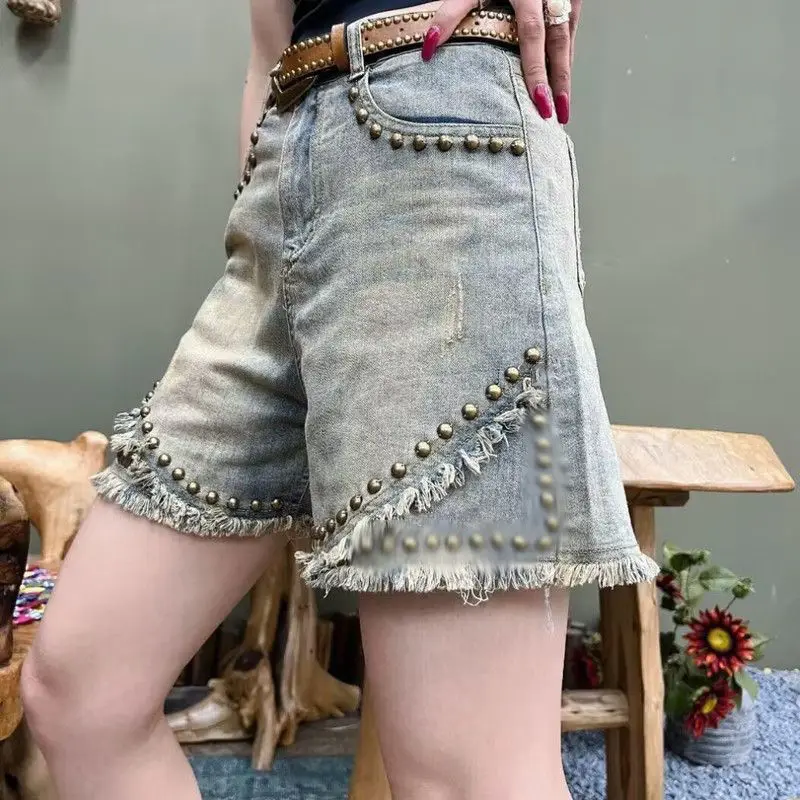 Rebites finos estilo hong kong retro denim shorts para mulheres novo tamanho grande solto emagrecimento calças de cinco pontos de perna larga