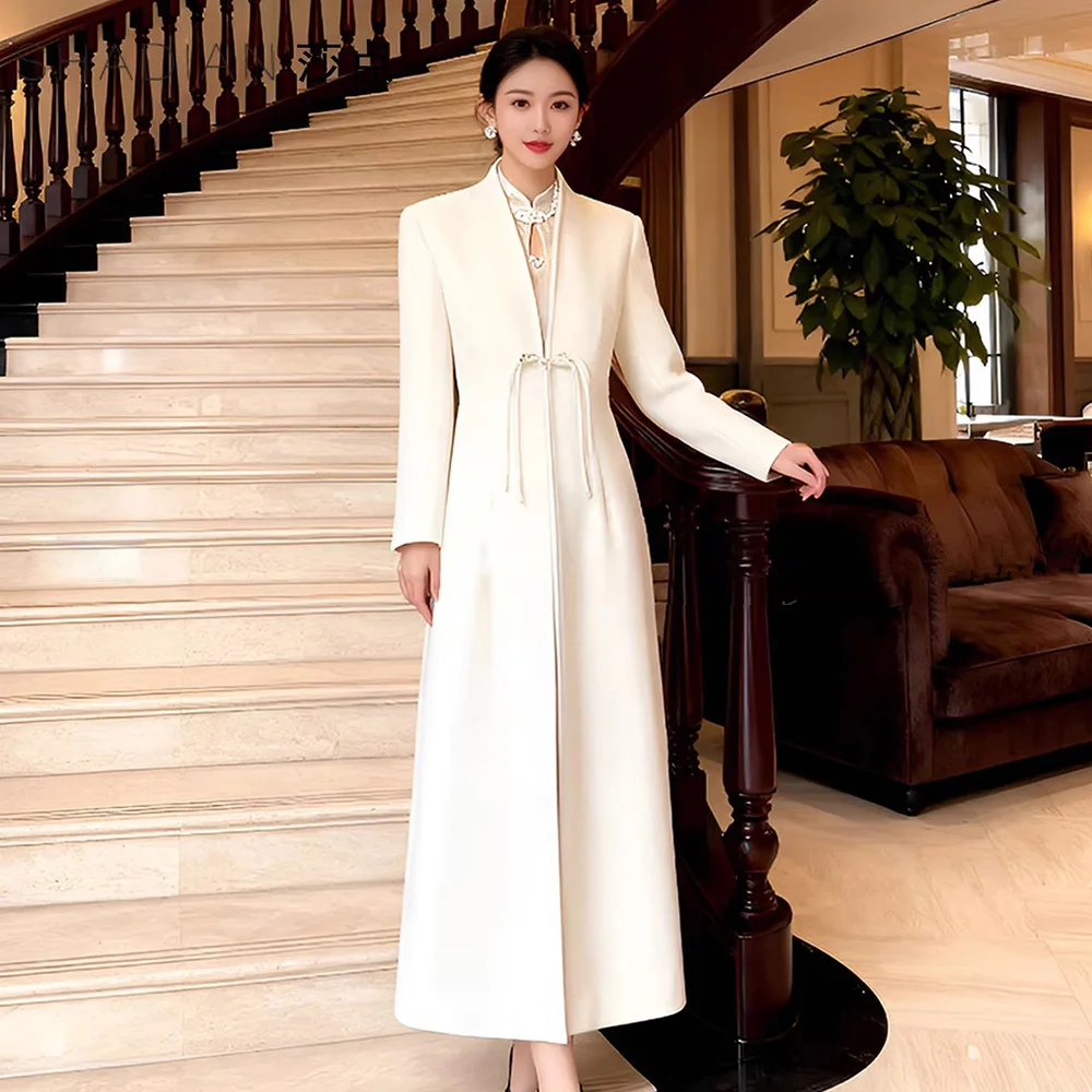 

New Women Chinese Style Woolen Coat Spring Autumn Fashion Deep V-Neck Single Button Slim Waist Long Wool Blends Coat Female