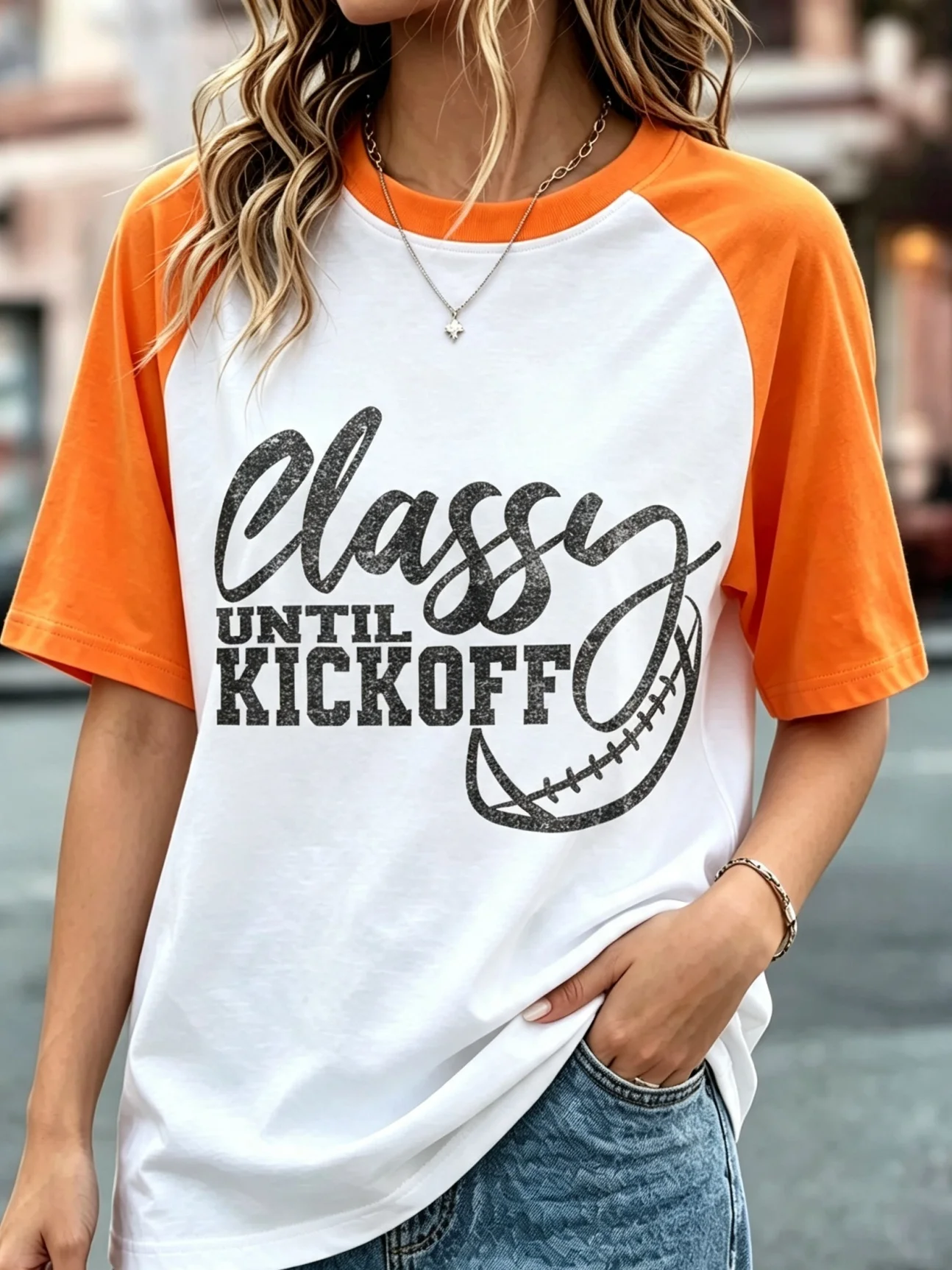 Vintage Distressed Classy Until Kickoff Football Outline Graphic Raglan T Shirts, 4 Color Block Contrast Sleeve Women Game Day Casual Tees