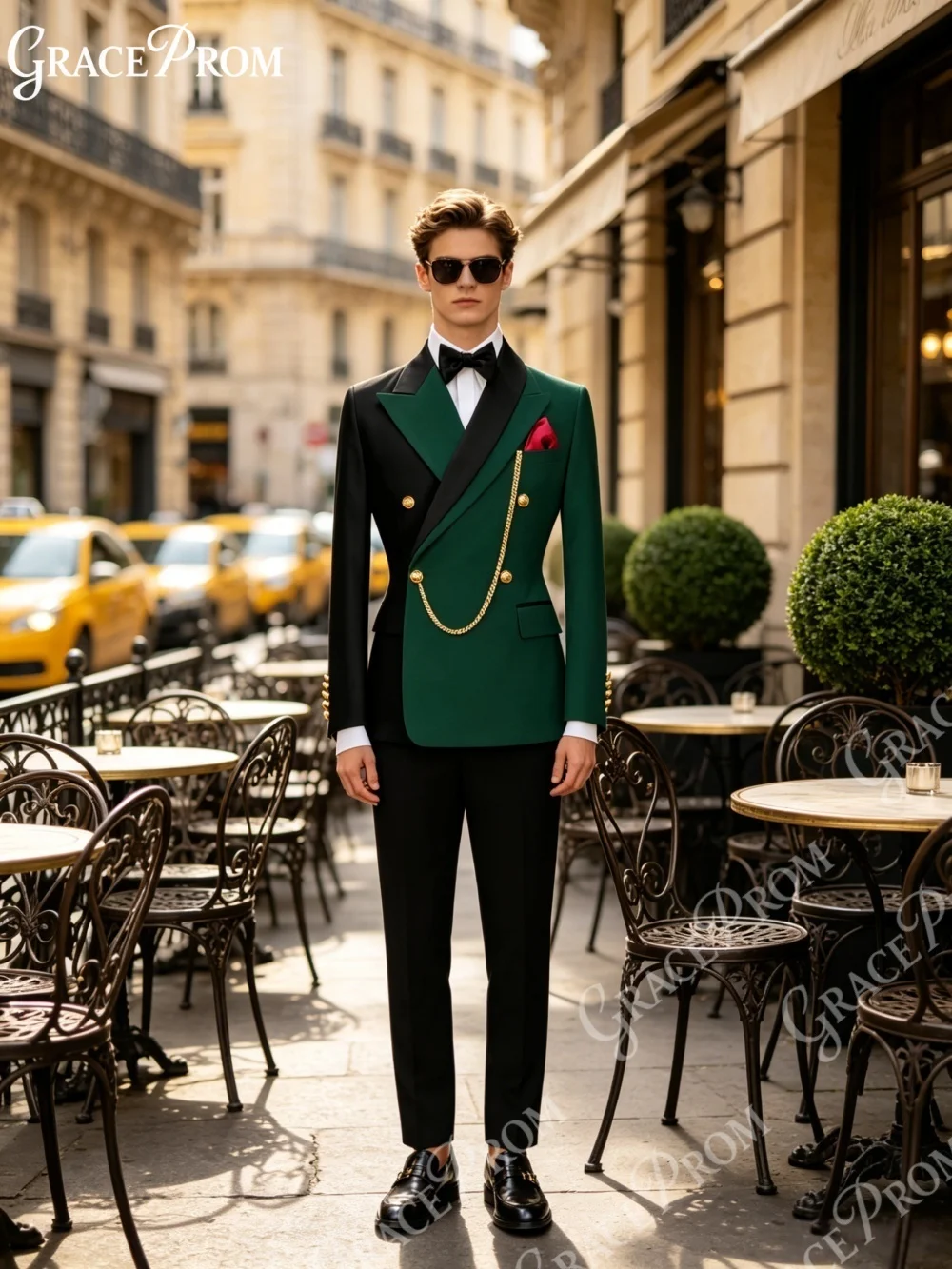 Luxury Men Green Black Color Block Tuxedo Suit 2PCS Double Breasted Gold Decor Slim Fit Wedding Groom Blazer Trousers Outfit