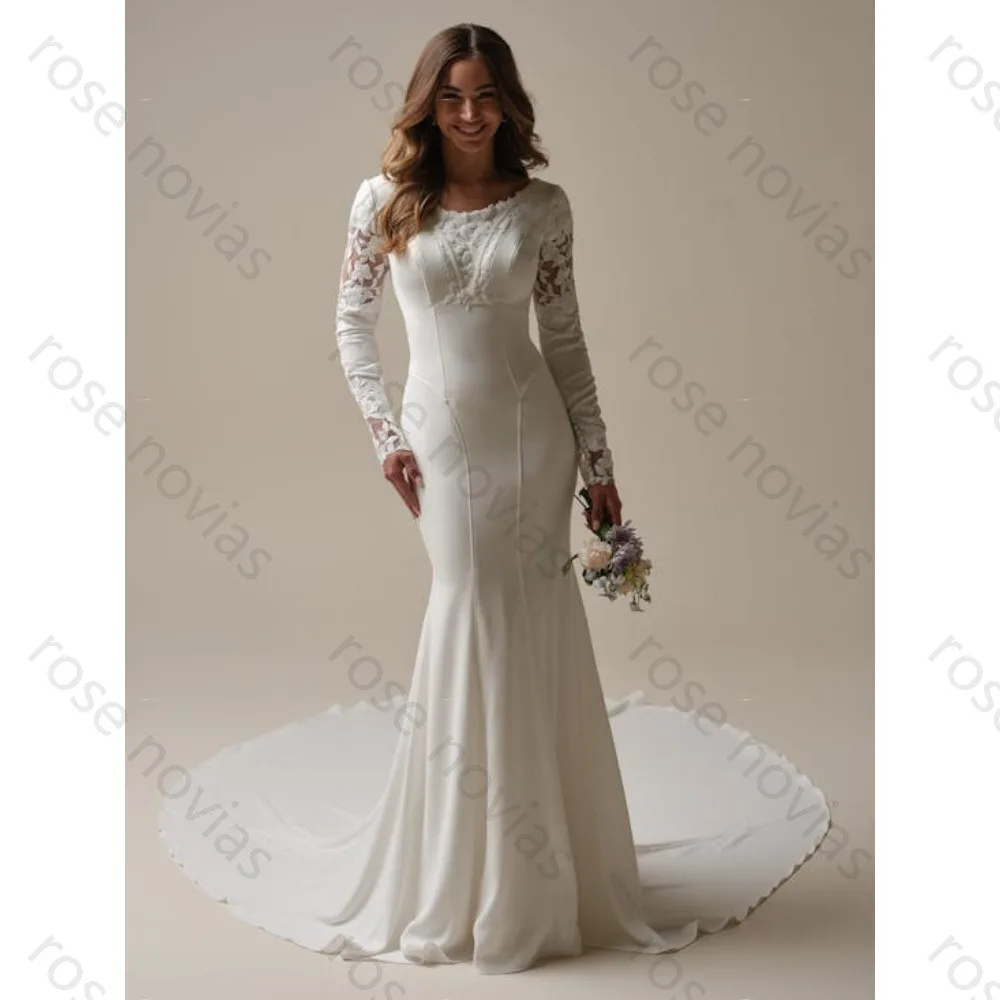 Vestidos de Noiva Brancos Personalizados em Crepe com Decote Redondo de Alta Qualidade para Eventos Formais com Apliques Estilo Sereia para Comprimento de Chão para Festas