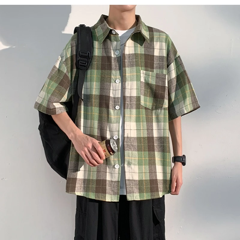 

Summer Plaid Shirt Loose Large Size Lapel Short Sleeve Lightweight Casual Shirt Coat Couple Blouse Blue Green