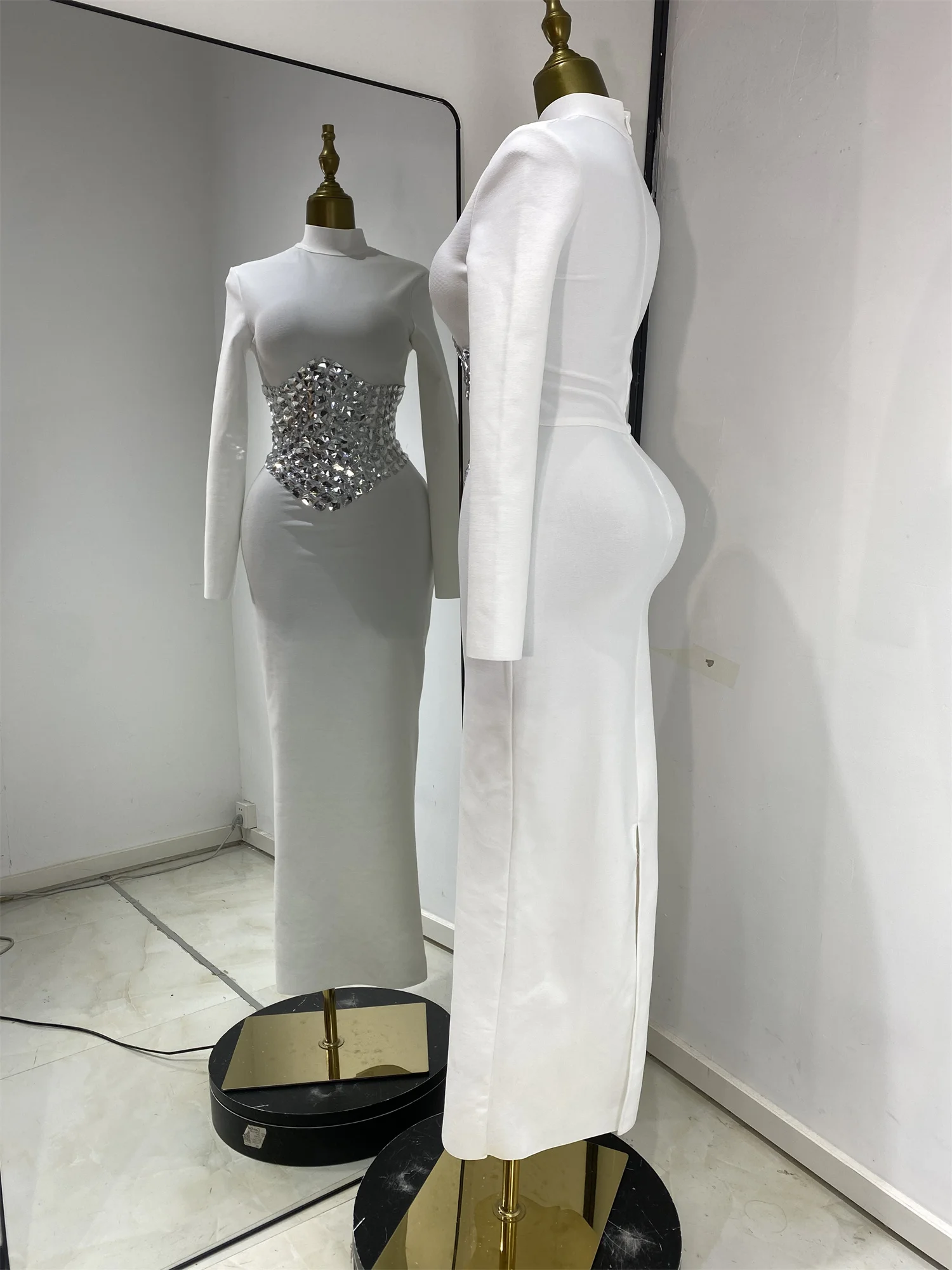 white long sleeve turtleneck bodycon dress 2Colors Black Bandage Woman Elegant Crystal Embroidery Long Evening Party Gowns low hem