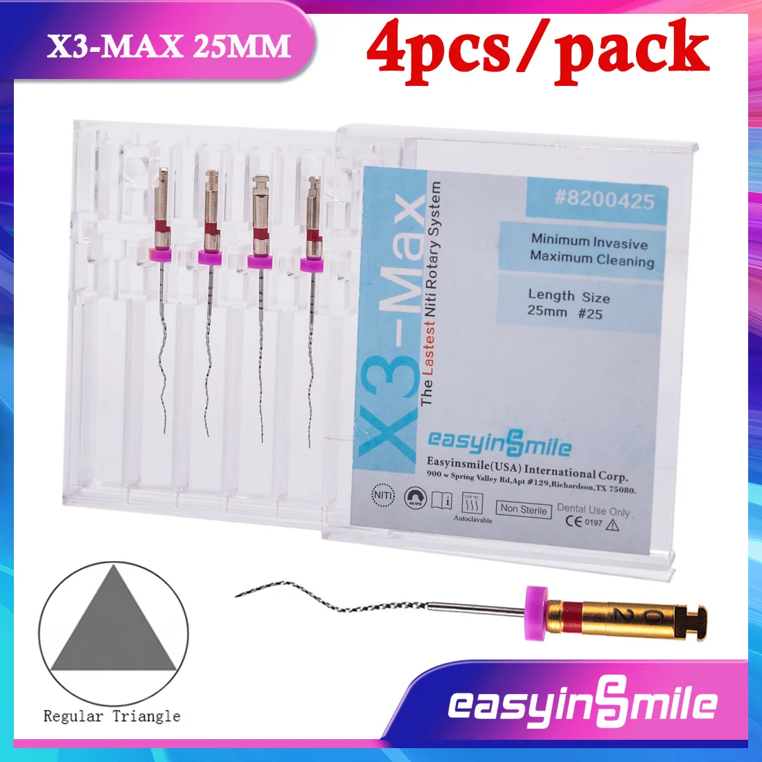 Easyinsmile 4Pcs Endodontic Files X3-MAX NITI  Rotary Endo Files Root Canal Function Cleaning 25MM Engine Use