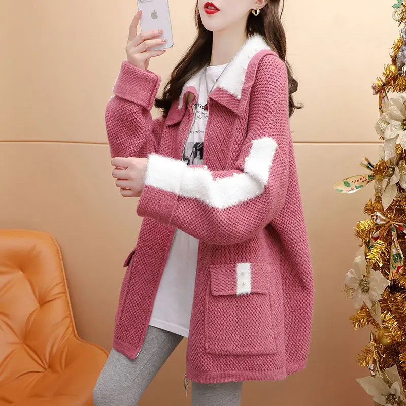 

#4032 Spring Cardigan Sweater Coat Women Zipper Mohair Sailor Collar Streetwear Knitted Cardigan Coat Batwing Sleeve Loose