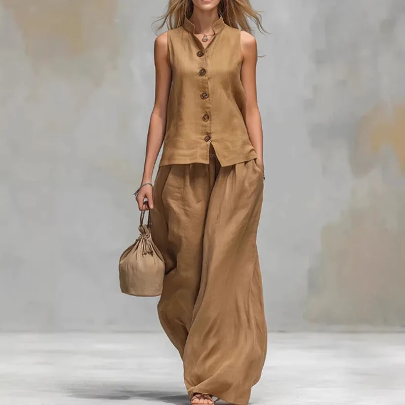 Bohemian High Waist 2Pcs Suit Women Stand Neck Sleeveless Button Vest Oversized Wide Leg Pants Sets Casual Holiday Travel Outfit view 2