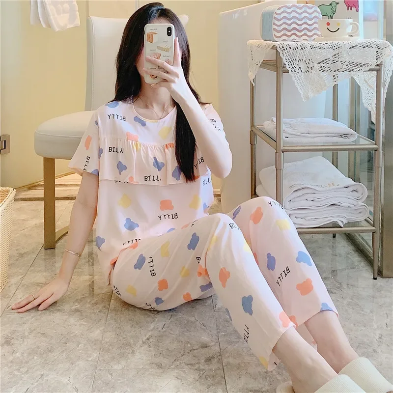 

Pajama Sets Women's Summer Thin Printed Short-sleeved Trousers 2-piece Set Korean Loose Home Clothing Pajamas for Sleeping Woman