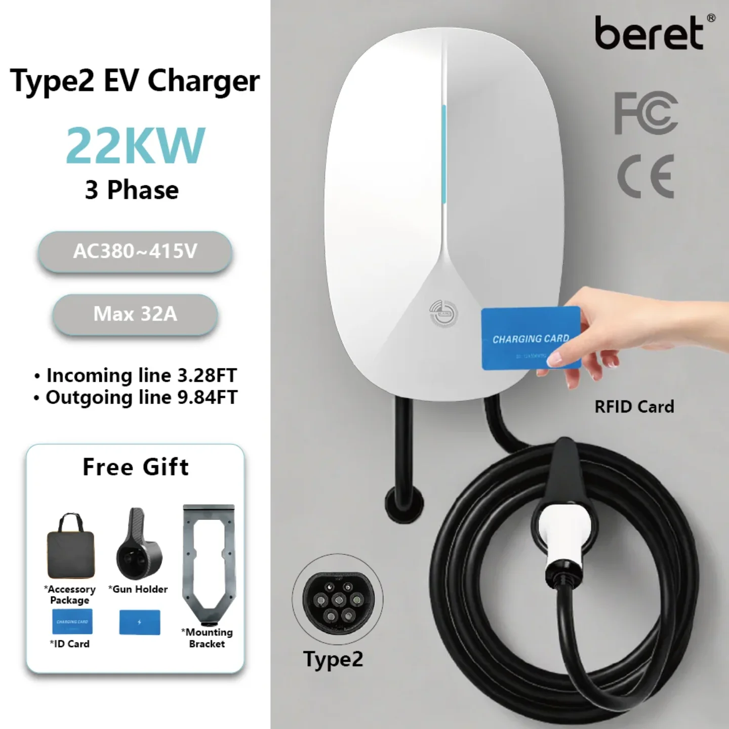 

EV Charging Station Wallbox Charger 22KW 3-Phase 5M Cable for Type2 Electric Vehicles Smart Voice Control