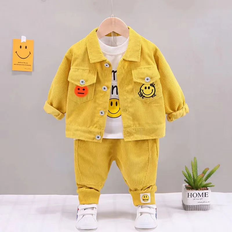 Spring Autumn Baby Boy Clothes 1 to 5 Years Turn-down Collar Corduroy Cardigan Jackets Outwear + T-shirts + Pants 3 PCS Outfits