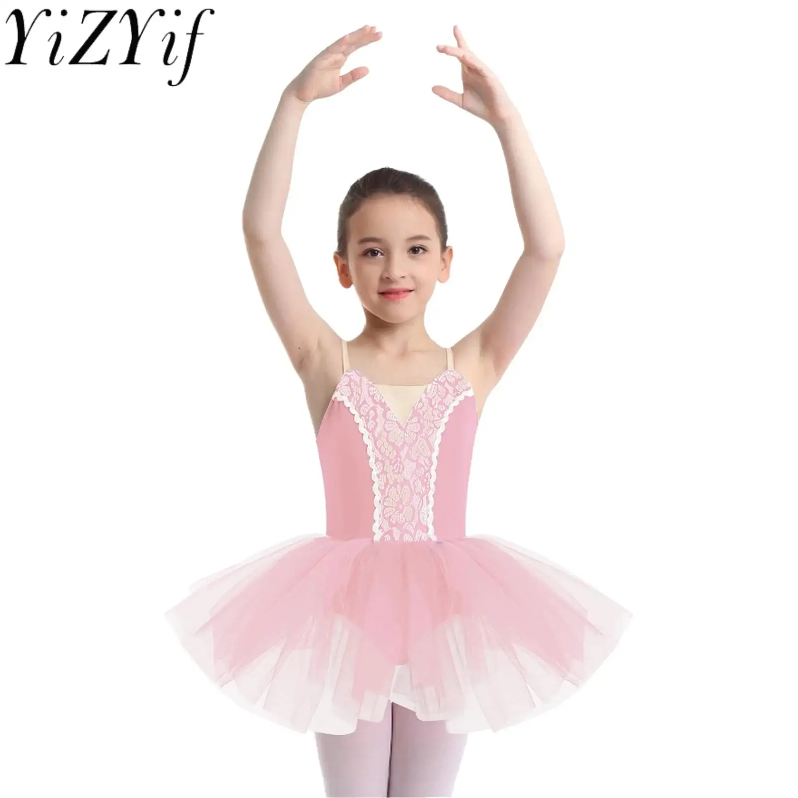 Kids Girls Tutu Ballet Stage Dance Performance Dress Elegant Sleeveless Front Lace Mesh Ballet Dance Tutu Mesh Dress Dancewear
