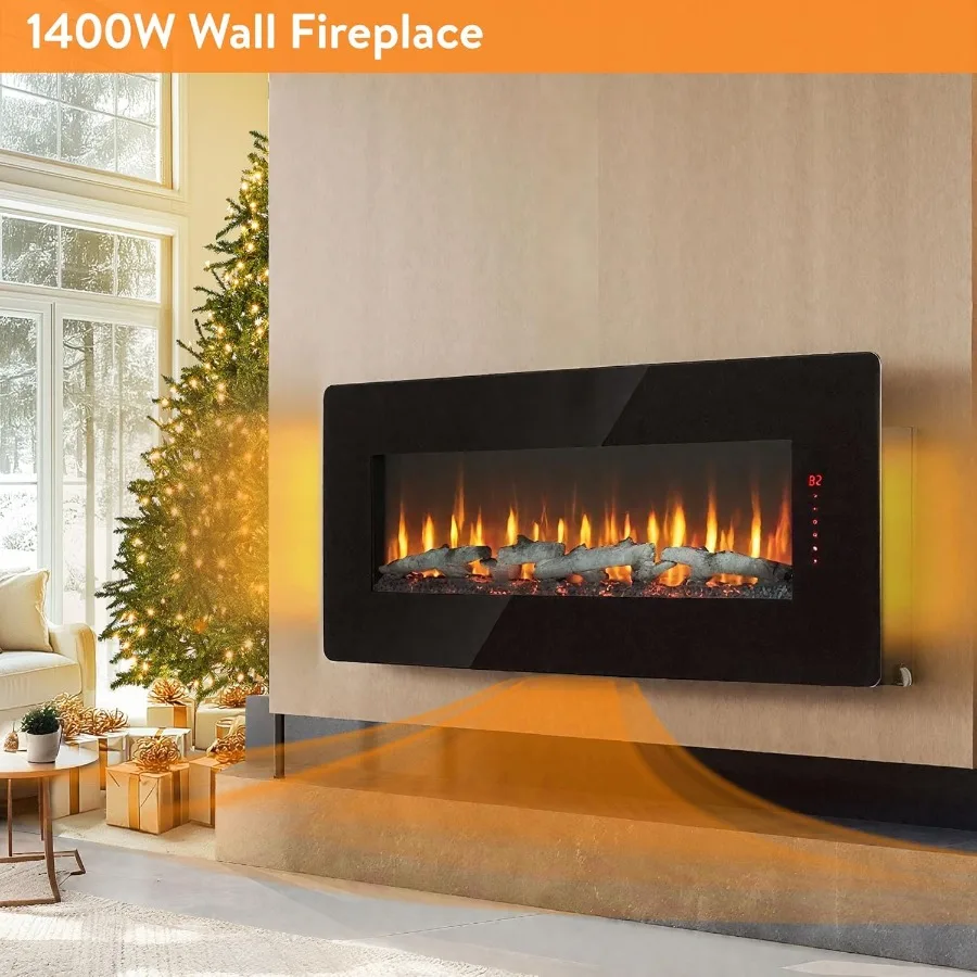 48 Stufa per camino elettrico in vetro curvo con retroilluminazione per soggiorno, montaggio a parete o design da tavolo, fiamma regolabile ed E