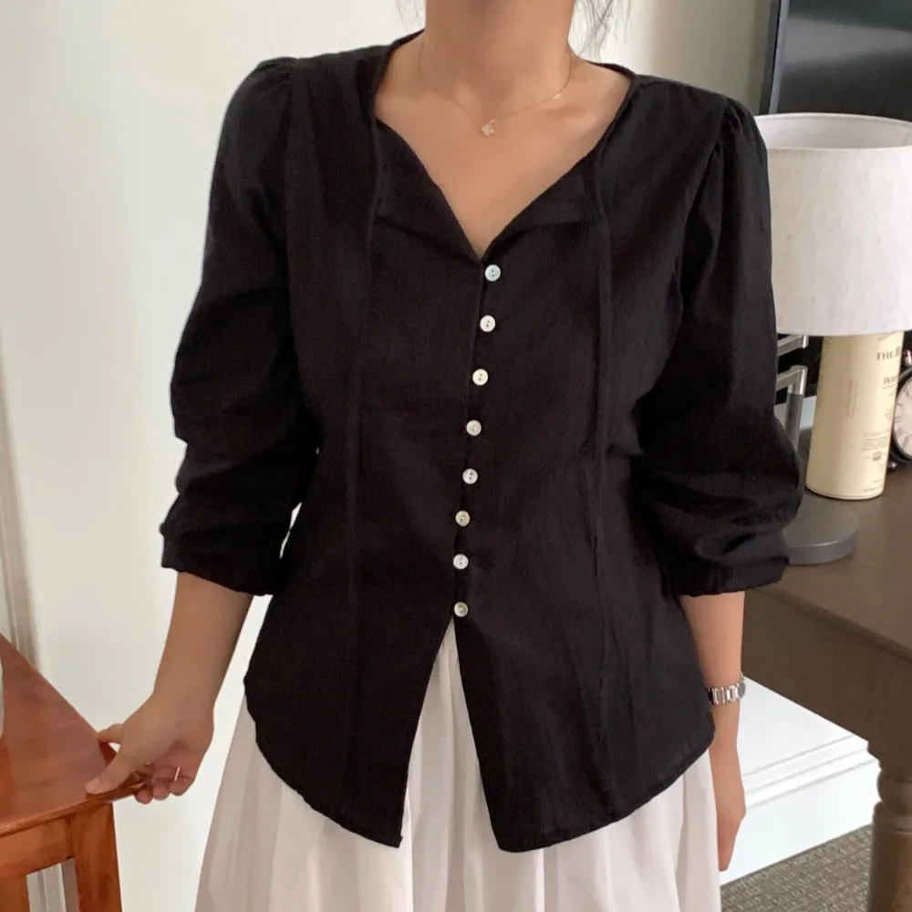 Sweet Elegant Long Sleeve Shirt Women's Slim Fit Waist Cinched Top French Style Fashion Spring 2026 No Special Function view 4