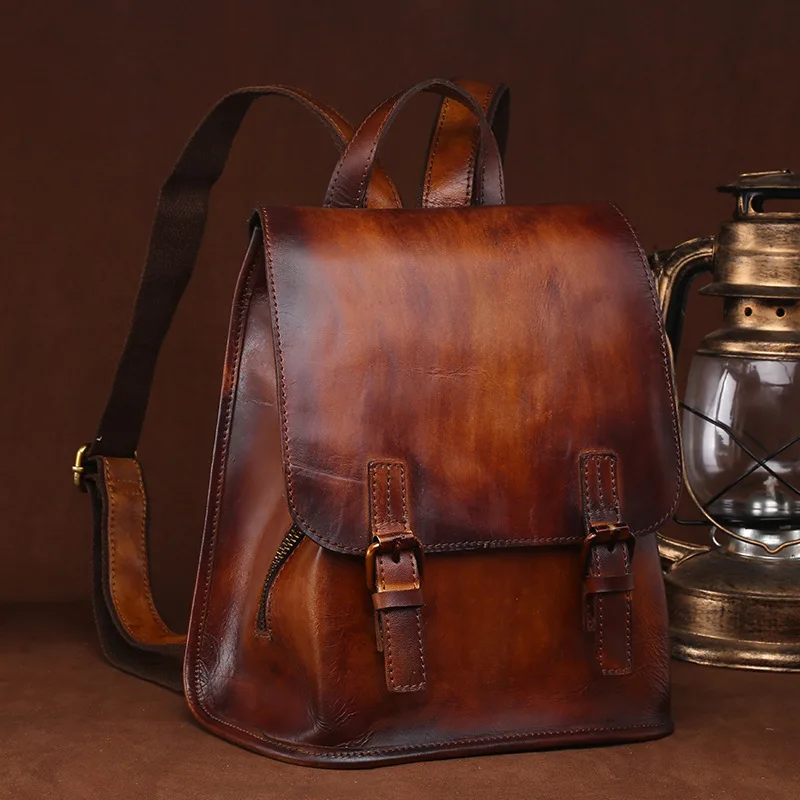 Vintage Genuine Leather Backpack Women Real Cow Leather Bagpack Brown Ladies Cowhide Double Shoulder Bag