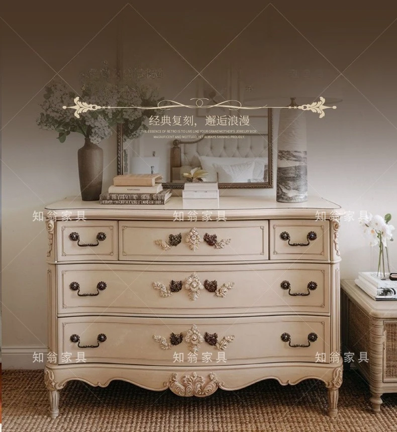 

French retro solid wood carving flower porch cabinet bedroom dresser home living room decoration locker chest cabinet