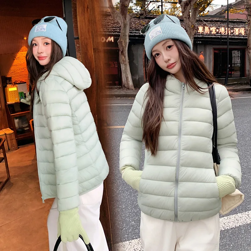 سترة نسائية مبطنة بلون سادة من القطن بسحاب كامل سترة شتوية خفيفة الوزن بغطاء للرأس بسيطة ومتعددة الاستخدامات معطف مبطن من القطن #2