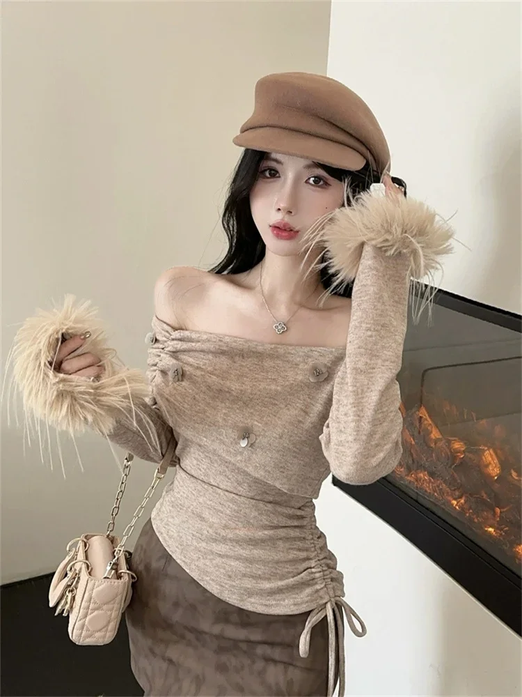 2024 Autumn Sexy Furry Slash Neck T-shirt Women Glitter Flower Irregular Drawstring Off Shoulder Hairy Top Fashion Knit Shirt