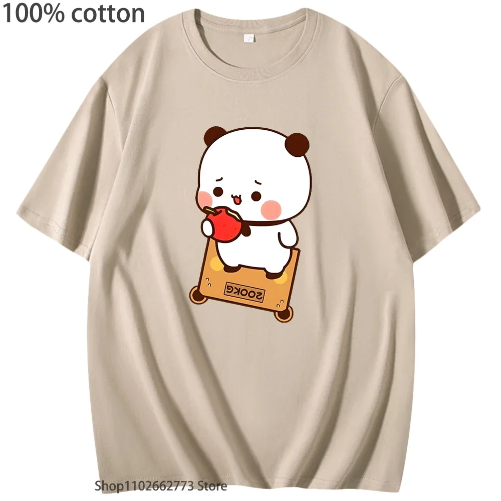 Urocza koszulka z grafiką Bubu jedzącego jabłko, panda, kawaii, damska koszulka, męskie koszulki, 100% bawełna, letnie ubrania, miękkie damskie t-shirty