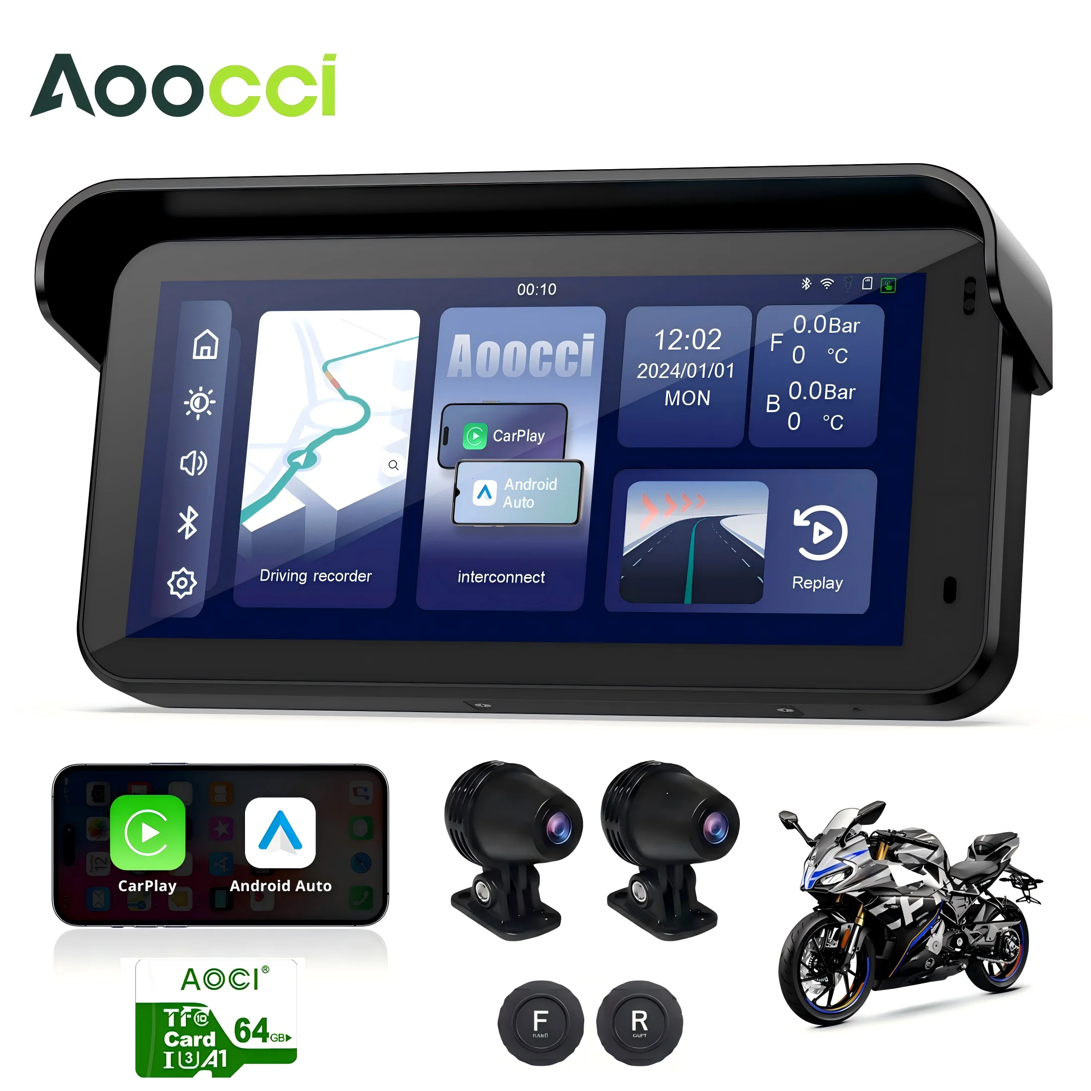 Aoocci C6PRO All-in-one Motorcycle CarPlay 6.25in Wireless CarPlay&Android Auto,Dual Bluetooth,Dual Camera Dash Cam,TPMS,IP67
