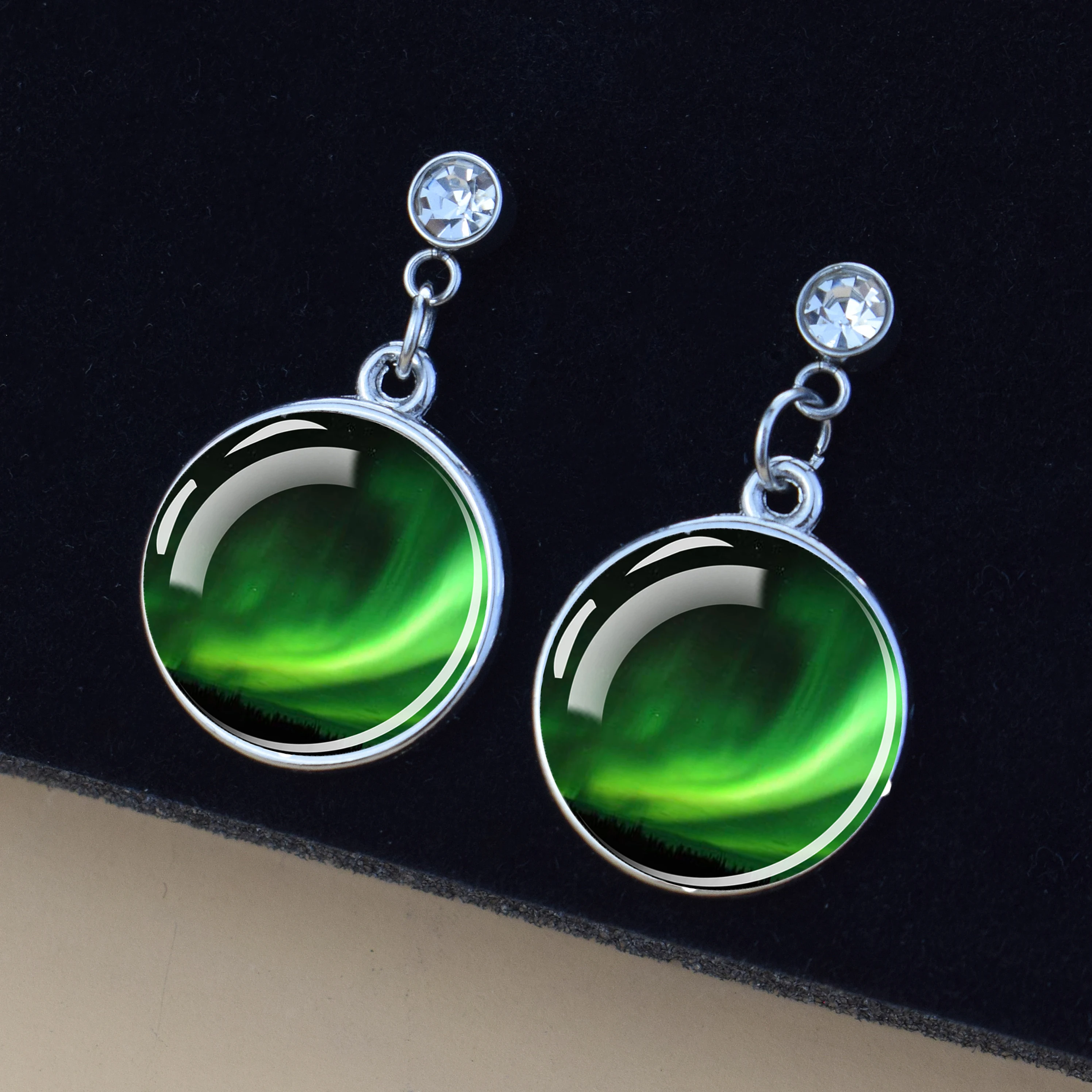 Northern Lights Design Single Rhinestone Stud Earrings Glass Dome Cabochon Metal Women Fashion Aurora Ear Jewelry