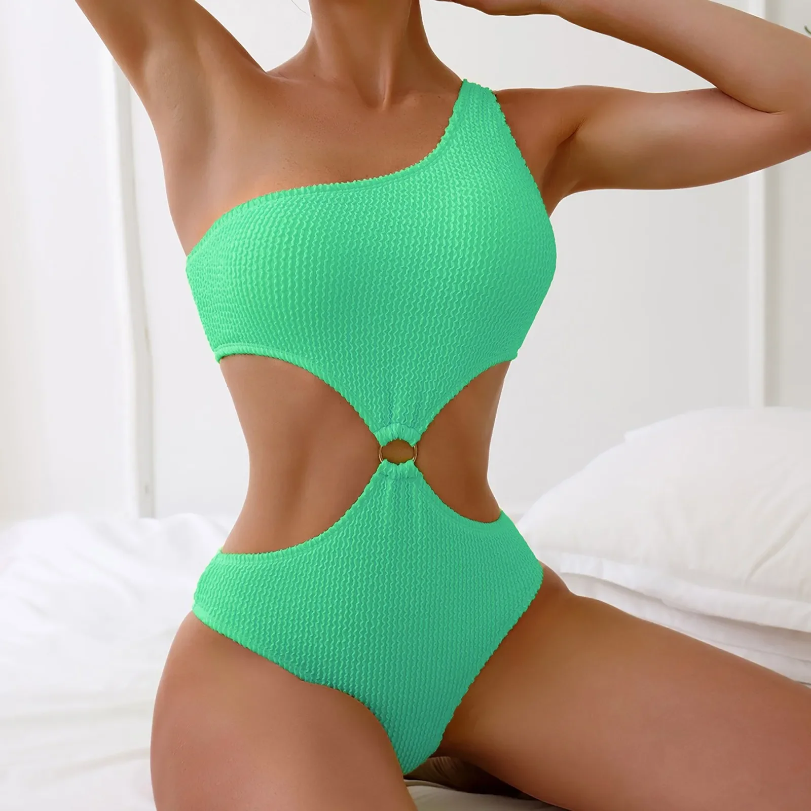 2023 New One Shoulder Women's Swimsuit One Piece Cut Out Sexy Swimwear Women Textured Monokini Solid Bathing Suit Beach Wear