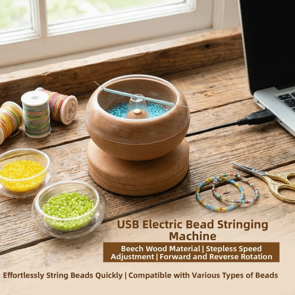 Easy Rotation Wooden Bead Spinner Solid Wood Wooden Electric Spinning Bead Bowl Automatic Speed with Needle Bead Loader Spinner