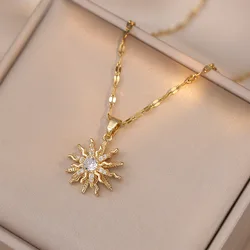 Rotatable Shiny Luxury Zircon Sun Necklace for Women Men Stainless Steel Chain Trendy Jewelry Accessories Gifts for Friends