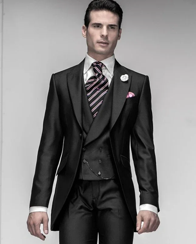 3 Pieces Men\'s Black Peak Lapel Tailcoat Suit Formal Jacket Waistcoat & Trousers Groom Tuxedos Fashion Men Suits for Wedding
