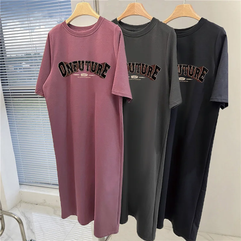 

Cartoon English Print Short Sleeve Summer and Autumn New Loose Round Neck Large Size Women's Comfortable Dress Large Size