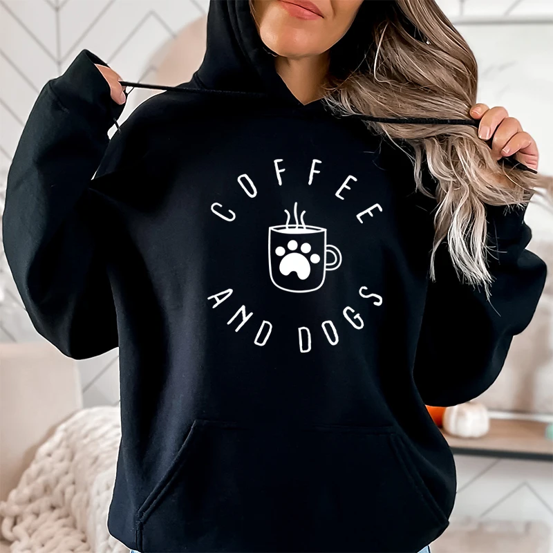 Coffee And Dogs Print Hoodies Fashion Women Hoodies Casual Pullover Coffee Lover Hoodies Long Sleeves Tops Love Dogs Sweatshirt