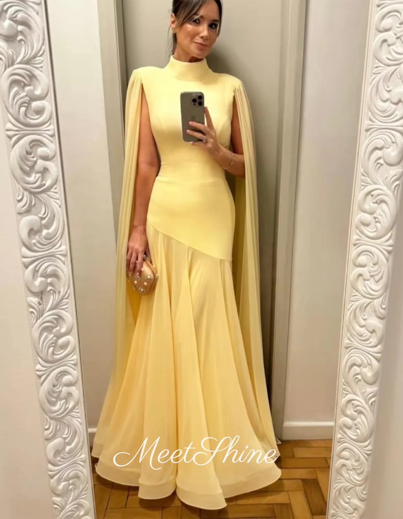 Vestido de noche de sirena con cuello alto, vestido de fiesta largo hasta el suelo de gasa amarilla, vestidos de cóctel personalizados, vestido de novia de Arabia Saudita