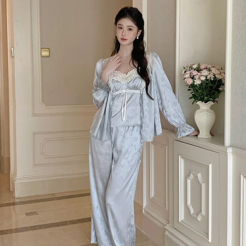 French Pajama Set Suspender Ice Silk Nightgowns Sexy Three-piece Set Long Sleeve Loungewear Ladies Sleepwear