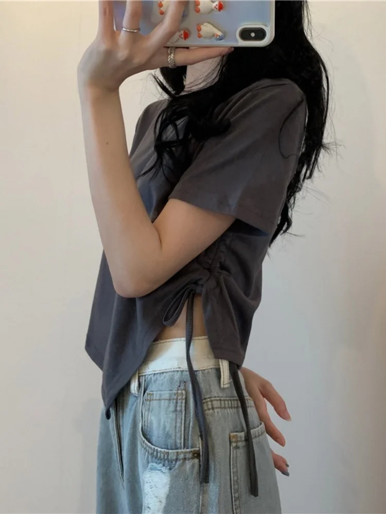 Irregular Drawstring Short Sleeved T-Shirt For Summer