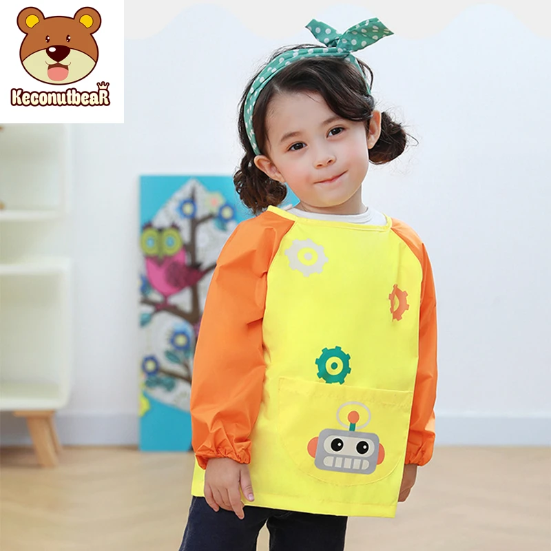 Children Waterproof Long Sleeve Art Smock Apron 2022 New Cartoon Monkey Kids Clothing Girls Boys Painting Aprons Baby Food Bibs