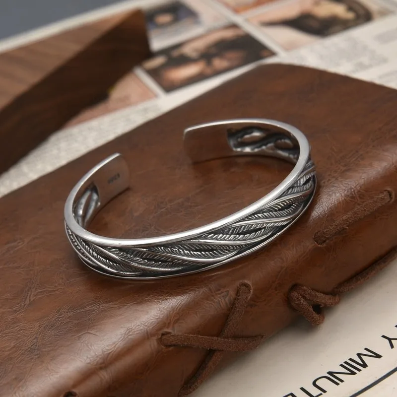 Twisted Weave Pattern Ancient Style , Fashionable Open Adjustable Versatile Bangle, Thai Silver Men'S Bracelet