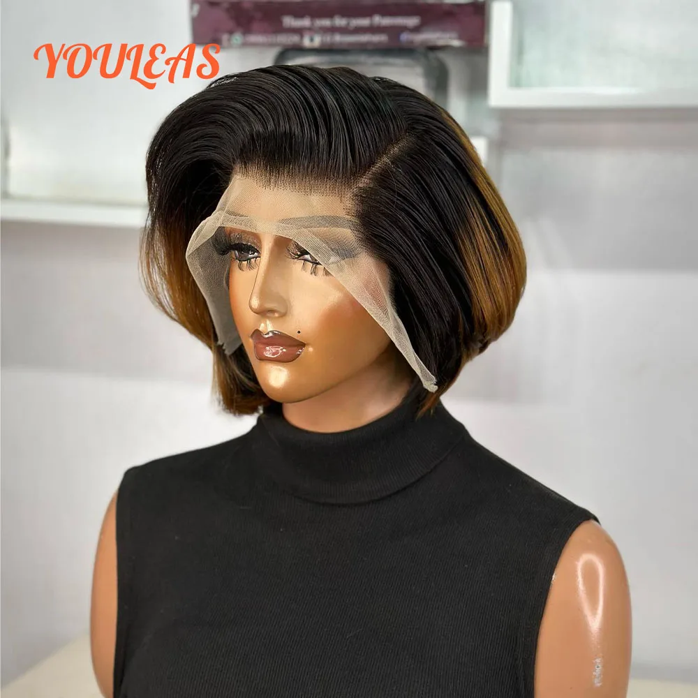 

Honey Blonde 13x4 Short Bob Straight Transparent Lace Front Glueless Wig Human Hair Ready To Go 13x4 Transparent Lace Front Wig